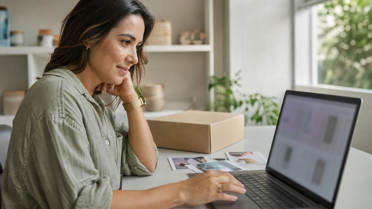 Empreendedora personalizando um modelo de landing page