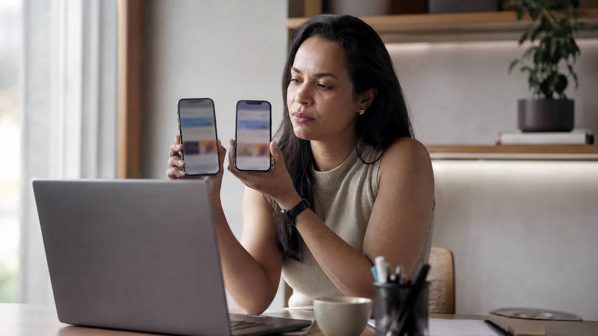 Empreendedora testando a página de vendas no celular